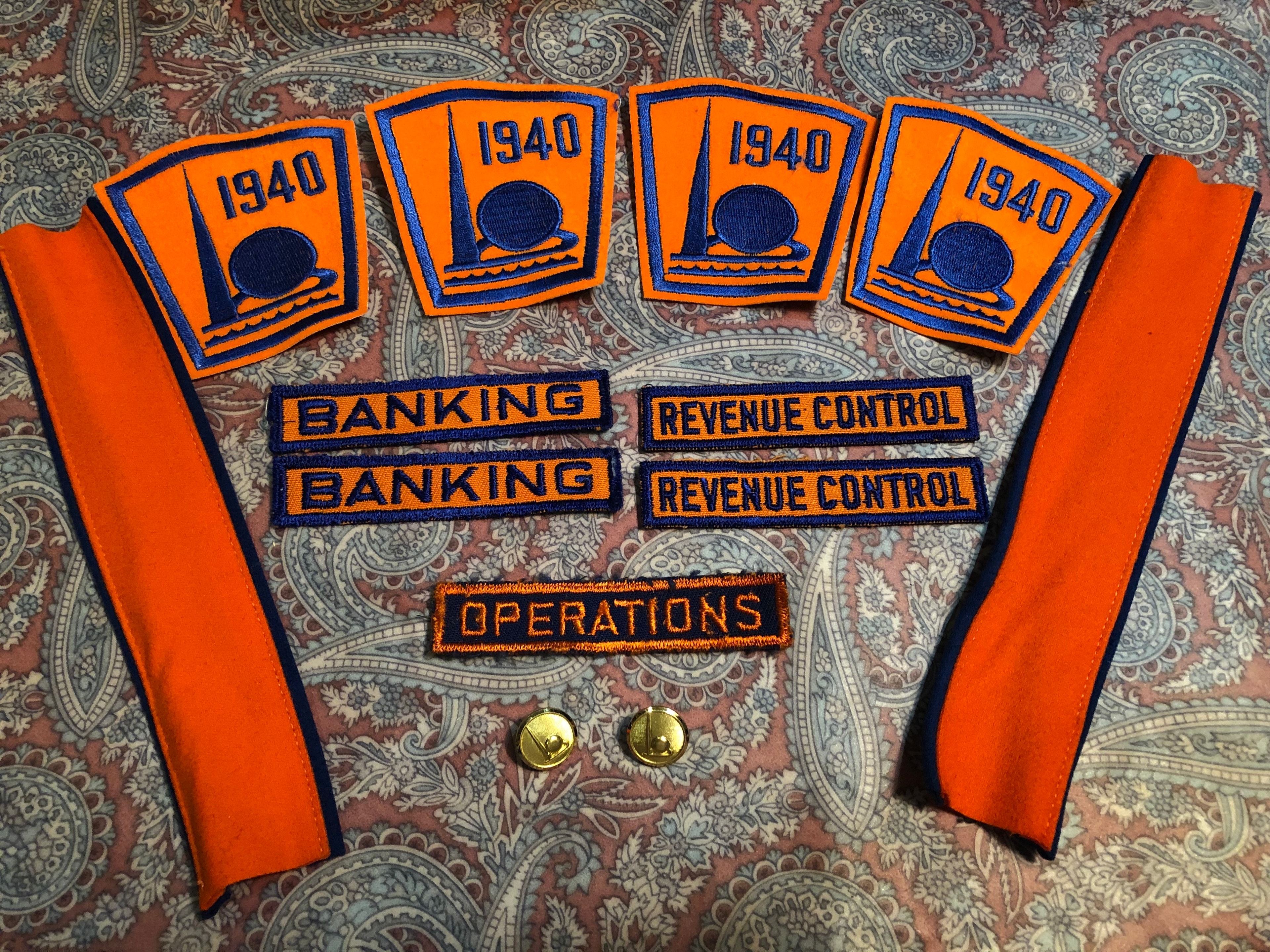 1940 New York World's Fair embroidered patches, department tabs, sleeve stripes and pins