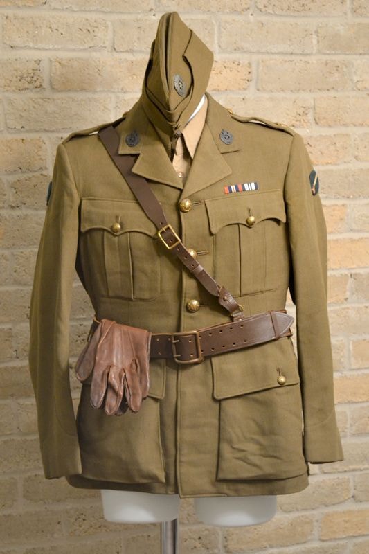 WWII British officer dress uniform with medal ribbons leather belt and field cap