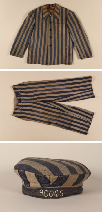 WWII concentration camp inmate striped uniform jacket trousers and cap