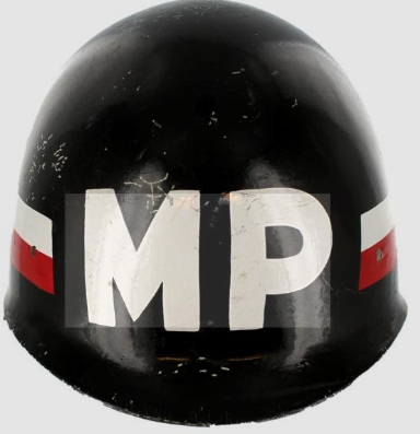 US Army Military Police MP helmet black with white lettering and red stripe