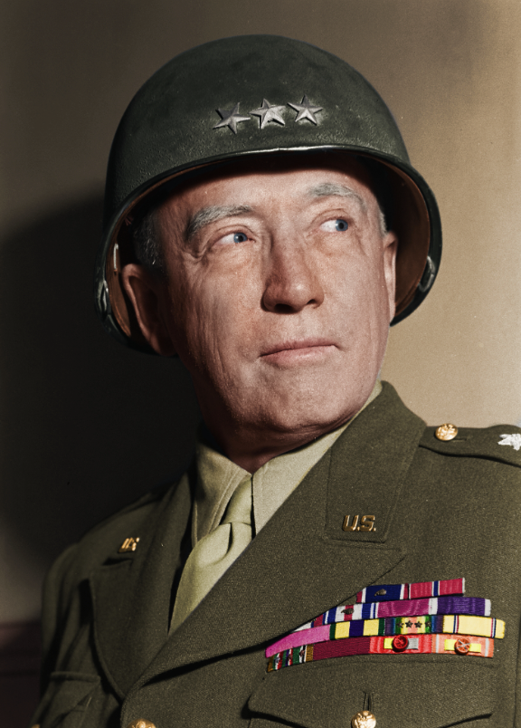 General Patton style US Army uniform — four-star M1 helmet, wool officer tunic with U.S. brass, four-star shoulder insignia, and ribbon bar