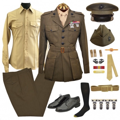 US Marine Corps full dress uniform set with tunic medals cap shirt trousers shoes and accessories